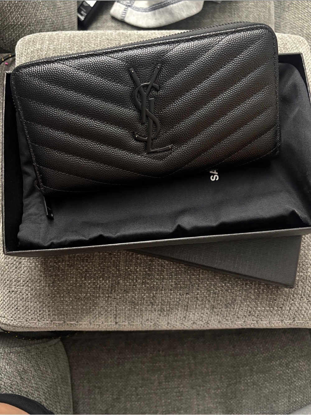 Saint Laurent Black Quilted Chevron Zip Wallet with Tonal YSL